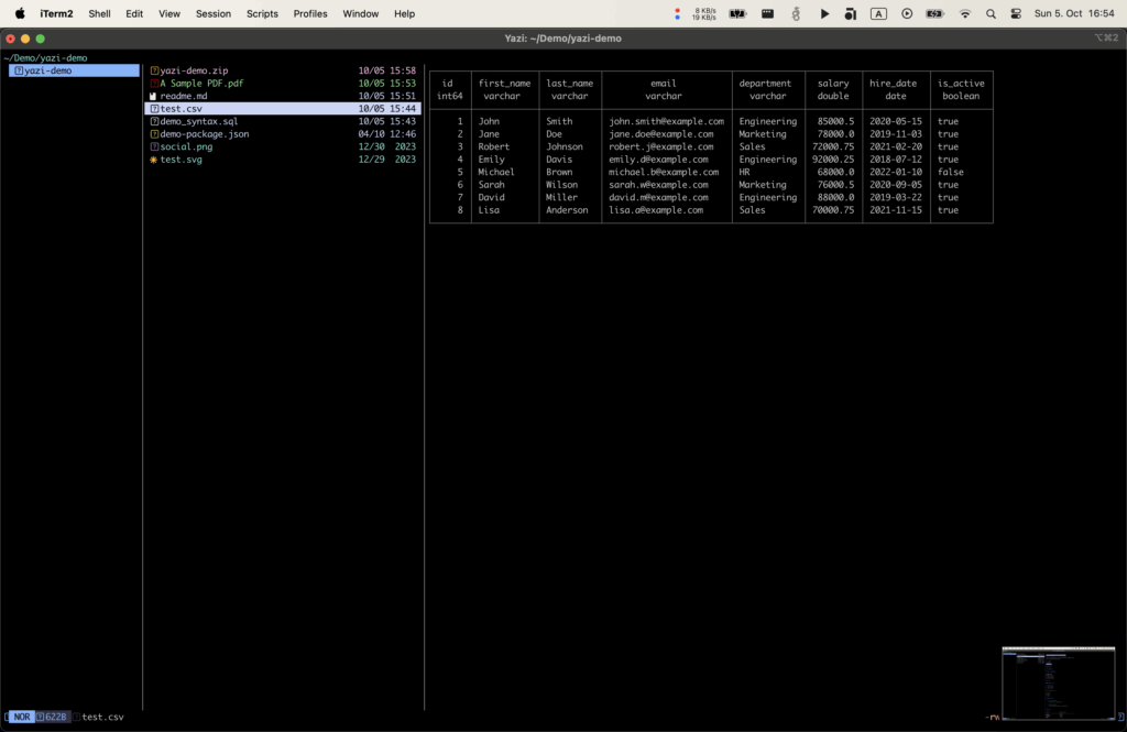 Terminal view of DuckDB plugin for Yazi rendering a csv file